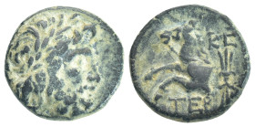 PISIDIA, Termessos (Circa 40/39 BC) AE Bronze (17mm, 5,1 g) Obv: Laureate head of Zeus to right Rev: Forepart of bridled horse to left; K.?. (date) ab...