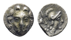 PISIDIA. Selge. Circa 350-300 B.C. AR obol. (9mm, 0.59 g). Gorgon head facing / Helmeted head of Athena right, spearhead and astralagos behind.