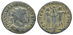 Galerius. A.D. 305-311. AE radiate fraction (19mm, 3,1 g). Cyzicus mint, struck A.D. 295-299. GAL VAL MAXIMIANVS NOB CAES, radiate, draped, and cuiras...