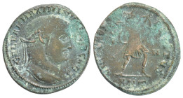Maximinus II, as Caesar, Æ Nummus. (25mm, 6.2 g) Antioch, AD 307. GAL VAL MAXIMINVS NOB CAES, laureate head right / VIRTVS EXERCITVS, Virtus advancing...