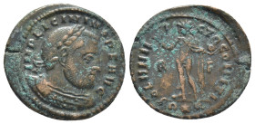 Licinius I (308-324). Æ Follis (22mm, 3.2 g). Rome, AD 314. Laureate and cuirassed bust r. R/ Sol standing l., holding globe and raising r. hand; R-F/...