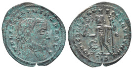 Licinius I AD 308-324. Siscia Follis Æ (25mm., 2,8 g). IMP LICINIVS P F AVG, laureate head right / IOVI CONSERVATORI, Jupiter standing left, holding V...