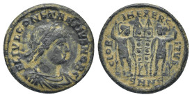 Constantius II. As Caesar, A.D. 324-337. AE centenionalis (17mm, 2.3 g). Nicomedia mint, struck A.D. 330-335. FL IVL CONSTANTIVS NOB C, laureate, drap...