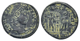 Constantius II (337-361). Æ (15mm, 1.9 g). Antioch, 337-341. Diademed head r. R/ Two soldiers holding spears and shields, one standard between them, S...