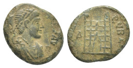 Theodosius ? Æ Nummus.(12mm, 1.0 g) AD 384-388. Pearl-diademed, draped and cuirassed bust right / [GLORIA REI] PVBLICE, camp gate with seven rows, no ...