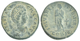 Aelia Flacilla AD 383-386. Constantinople Follis Æ (21mm, 3,8 g). AEL FLAC-CILLA AVG, diademed and draped bust right / SALVS REI-PVBLICAE, Empress sta...