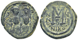 Justin II and Sophia (565-578). Æ 40 Nummi (29mm, 14.9 g). Nicomedia, year 8 (573/4). Justin and Sophia, both nimbate, enthroned facing; Justin holdin...