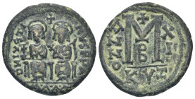 Justin II, with Sophia. 565-578. Æ Follis (28mm, 12,7 g). Cyzicus mint, 2nd officina. Dated RY 11 (575/6). Justin, holding globus cruciger, and Sophia...
