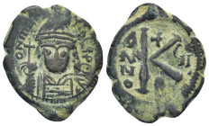 Maurice Tiberius Æ 20 Nummi. (25mm, 7,0 g) Nicomedia, dated RY 7 = AD 588/9. D N M[A]V[R] TI[ЬЄR], crowned and cuirassed bust facing, holding globus c...