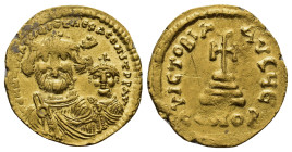 Heraclius with Heraclius Constantine AD 610-641. Constantinople Solidus AV (19mm, 4,49 g) d d N N hERACLIЧI ET hERA CONIT P P AV, crowned, with cross ...