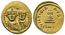 Heraclius with Heraclius Constantine AD 610-641. Constantinople Solidus AV (20mm, 4,44 g) d d N N hERACLIЧI ET hERA CONIT P P AV, crowned, with cross ...