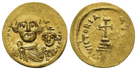 Heraclius with Heraclius Constantine AD 610-641. Constantinople Solidus AV (20mm, 4,48 g) d d N N hERACLIЧI ET hERA CONIT P P AV, crowned, with cross ...