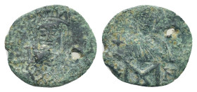 Constantine VI, Irene, AD 780-797. AE, Follis. (19mm, 2.1 g). Constantinople. Obv: Crowned bust of Irene, wearing loros, holding cross on globe and cr...