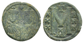 Nicephorus I, with Stauracius (802-811 AD). Constantinople AE Follis (22mm, 4.6 g) Obv: Facing busts of Nicephorus on the left, with short beard, and ...