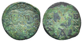 Leo V, the Armenian. 813-820. AE follis (21mm, 4.7 g). LEON SC CONST, busts of Leo with short beard on left and Constantine, no beard, on right, each ...