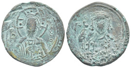 Constantine X Ducas, AD 1059-1067. AE, Follis. (26mm, 8.4 g). Constantinople. Obv: +EMMA NOVHA / IC XC. Bust of Christ facing, wearing nimbus cross, p...