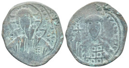 Constantine X Ducas, AD 1059-1067. AE, Follis. (28mm, 7.4 g). Constantinople. Obv: +EMMA NOVHA / IC XC. Bust of Christ facing, wearing nimbus cross, p...