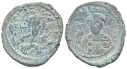 Constantine X Ducas, AD 1059-1067. AE, Follis. (32mm, 12.0 g). Constantinople. Obv: +EMMA NOVHA / IC XC. Bust of Christ facing, wearing nimbus cross, ...