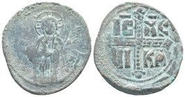 Anonymous (1034-1041 AD) Constantinople AE Follis (32mm, 13.1 g) Obv: ЄmmANOVHA, IC-XC, three-quarter length figure of Christ standing facing, wearing...
