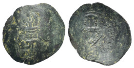 Manuel I Comnenus, AD 1143-1180. AE, Trachy. (25mm, 1.7 g). Constantinople. Obv: The Virgin Mary seated facing on throne. Rev: Manuel standing facing,...