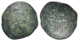 Alexius III Angelus-Comnenus (1195-1203 AD) Constantinople AE Trachy (26mm, 3.0 g) Obv: KЄ ROHΘЄI / IC XC Bust of Christ Pantocrator facing, raising r...