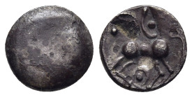 CELTIC COINS / KELTEN. Boii. Obol (1st century BC). Type "Roseldorf II".

Obv: Plain bulge.
Rev: Stylized horse left; below; Ω-shaped symbol with cent...