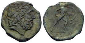 SICILY. Mamertinoi. Pentonkion (circa 220-200 BC).

Obv: Laureate head of Zeus right; spearhead to left.
Rev: MAMEPTINΩN.
Warrior advancing right, wea...