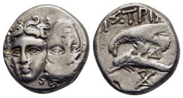 MOESIA. Istros. Drachm (circa 420-340 BC).

Obv: Facing male heads, the right inverted.
Rev: ΙΣΤΡΙΗ.
Sea eagle left, grasping dolphin with talons; Δ b...