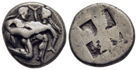 ISLANDS off THRACE. Thasos. Stater (circa 500-480 BC).

Obv: Ithyphallic satyr advancing right, carrying off protesting nymph.
Rev: Quadripartite incu...