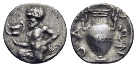 ISLANDS off THRACE. Thasos. Trihemiobol (circa 412-404 BC).

Obv: Satyr kneeling left, holding kantharos.
Rev: ΘΑΣΙΩN.
Amphora within incuse square.

...