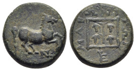 THRACE. Maroneia. Ae (circa 398/97 - 348/47 BC).

Obv: Prancing horse right; monogram below horse.
Rev: MAPΩNITΩΝ.
Four bunches of grapes in linear sq...