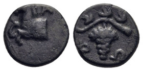 Thrace. Maroneia. Ae (circa 400-365 BC).

Obv: M - A, forepart of horse left.
Rev: P - Ω , bunch of grapes on vine.

Schönert-Geiss 367 ff.

Condition...