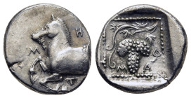 THRACE. Maroneia. Tetrobol (circa 377-365 BC).

Obv: MHT.
Forepart of horse left.
Rev: MA.
Grape bunch on vine in dotted linear square; all within sha...
