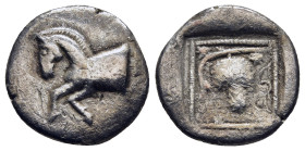 THRACE. Contemporary imitation of a Maroneia Tetrobol (4th century BC).

Obv: Forepart of crude horse left.
Rev: Grape bunch on vine in dotted linear ...