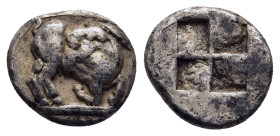 THRACO-MACEDONIAN TRIBES, Mygdones or Krestones. Trihemiobol (circa 485-470 BC).

Obv: Goat kneeling right, head left.
Rev: Quadripartite incuse squar...