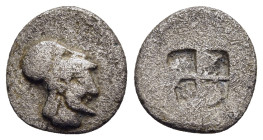 MACEDON. Aineia. Tetrobol (circa 510-480 BC).

Obv: Head of Aineias to right, wearing crested Corinthian helmet. 
Rev: Quadripartite incuse square. 

...