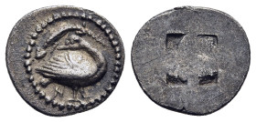 MACEDON. Eion. Trihemiobol (circa 460-400 BC).

Obv: Goose standing right, head reverted; lizard above; H to lower left.
Rev: Quadripartite incuse squ...
