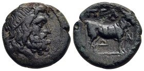MACEDON. Pella. Ae (2nd century BC).

Obv: Head of Poseidon right, wearing taenia.
Rev: ΠEΛ-ΛHΣ, cow standing right, monograms below and before. 

SNG...