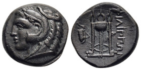 MACEDON. Philippi. Ae (circa 356-345 BC).

Obv: Head of Herakles left, wearing lion's skin.
Rev: ΦΙΛΙΠΠΩΝ.
Tripod; bow in bowcase in field left.

SNG ...