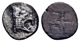 MACEDON. Skione. Obol or Diobol (circa 490-480 BC). 

Obv: Head of a roaring lion to right. 
Rev: Quadripartite incuse square. 

HGC 3.1, 685. SNG ANS...