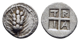 MACEDON. Tragilos. Hemiobol (circa 450-400 BC).

Obv: Grain ear.
Rev: Quadripartite incuse square; T-P-A-I in quarters.

SNG ANS 903.

Ex Elsen V71/ 1...