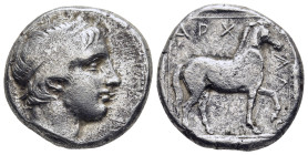 KINGS OF MACEDON. Archelaos (413-400/399 BC). Stater. Aigai mint. 

Obv: Head of Apollo right, wearing tainia.
Rev: APX-EΛΑO.
Horse standing right, tr...