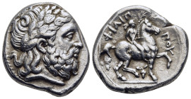 KINGS OF MACEDON. Philip II (359-336 BC). Tetradrachm. Amphipolis.

Obv: Laureate head of Zeus right.
Rev: ΦIΛIΠΠOY.
Youth on horseback right, holding...