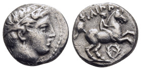 KINGS OF MACEDON. Philip II (359-336 BC). 1/5 Tetradrachm. Amphipolis.

Obv: Diademed head of Apollo right.
Rev: ΦΙΛΙΠΠΟΥ.
Youth on horse rearing righ...
