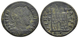 CONSTANTINE I 'THE GREAT' (307/10-337). Follis. Rome.

Obv: CONSTANTINVS AVG.
Laureate, helmeted and cuirassed bust right.
Rev: VIRTVS AVGG / P - ...