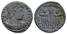 CONSTANTIUS II (337-361). Follis. Siscia.

Obv: CONSTANTIVS P F AVG.
Laurel and rosette-diademed, draped and cuirassed bust right.
Rev: GLORIA EXERCIT...