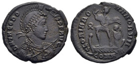THEODOSIUS I (379-395). Follis. Constantinople.

Obv: D N THEODOSIVS P F AVG.
Helmeted, diademed, draped and cuirassed bust right, holding shield and ...