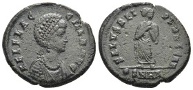 AELIA FLACCILLA (Augusta, 379-388). Ae Follis. Heraclea.

Obv: AEL FLACCILLA AVG.
Diademed and draped bust right.
Rev: SALVS REIPVBLICAE / •SMHA.
Empr...