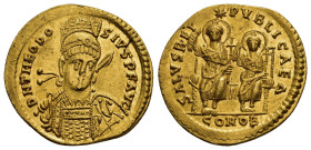 THEODOSIUS II (402-450). GOLD Solidus. Constantinople.

Obv: D N THEODOSIVS P F AVG.
Pearl-diademed, helmeted and cuirassed bust facing slightly right...