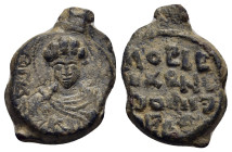 BYZANTINE EMPIRE. Lead Seal (circa 11th century). 

Obv: Half- lenght bust of military Saint facing.
Rev: Greek legend in four lines.

Condition: Very...